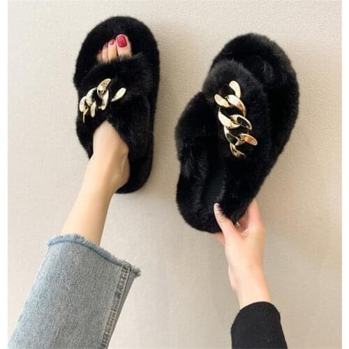Flat Slippers Women House Shoes Faux Fur Metal Chain Thick Bottom Slippers Female Slides Comfortable Hairy Home Slippers