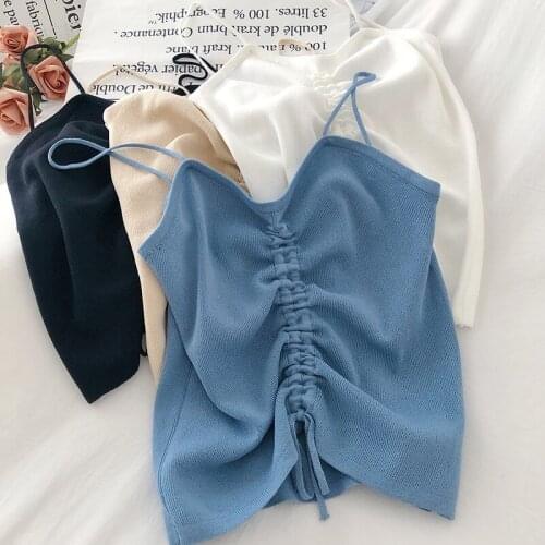 Tanks Women Top Sling Summer Solid Lace Up Camis Crop Tops V-neck Sexy Off-shoulder Camisole Ruched Knit Wear Elegant Slim Tank