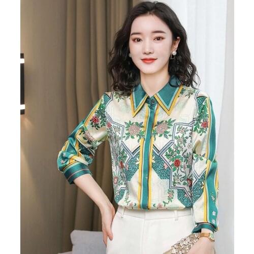 Vintage Shirts Women Top Printed Mulberry Silk Women Blouse Long Sleeve Top Oversized Shirt