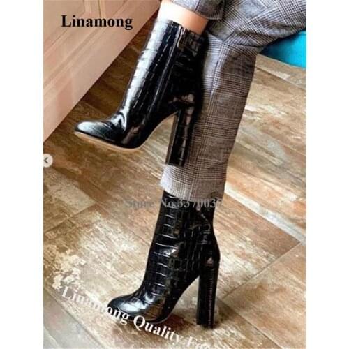 Linamong Vogue Women Round Toe Pattern Leather Chunky Heel Short Boots Side Zipper-up Black Thick High Heel Booties Dress Heels