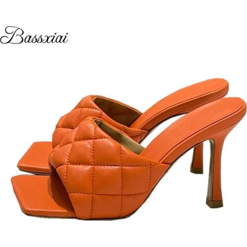 Multicolor Real Leather Sewing Runway Mules Lady Sexy High Heel Slingbacks Square Toe Summer Outwear Sandals Women