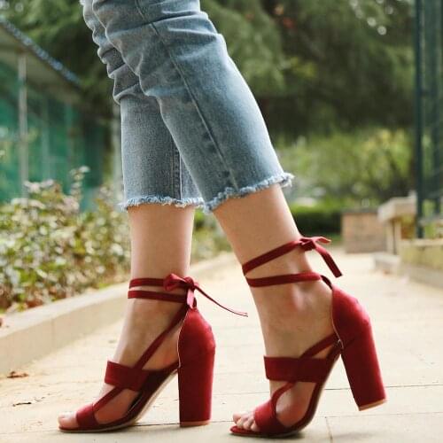 Women Square Heels Shallow Ankle Strap Sandals Solid Lace Up High Heel Sandals Summer Roman Style Sexy Pumps Party Office Shoes