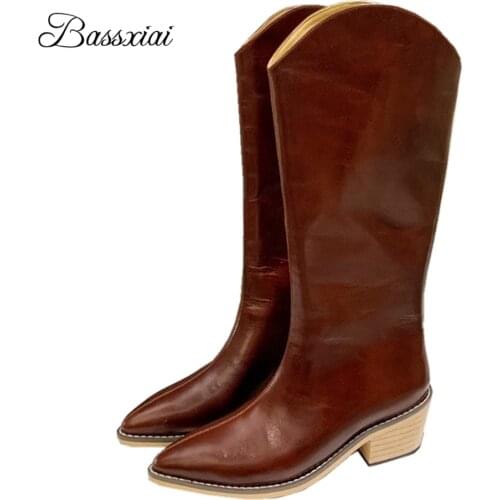 Luxury Genuine Leather Knee High Boots Women Sexy Point Toe Sewing Med Heel Side Zip Patchwork Winter Botas De Mujer