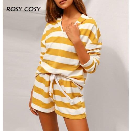 Two Piece Women Long Sleeve Tops & Shorts Set Casual Striped Pollover Hoodies Loungewear Suits Summer Femme Drawstring Tracksuit