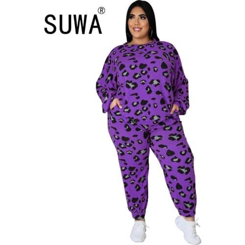 Multicolor Leopard Printed Women Plus Size Two Piece Sets Ladys Loose Sweatpants Long Sleeve O-neck Pullover Casual Tracksuits