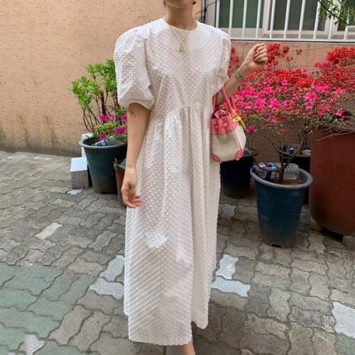 Polka Dot Long Dress Women Summer 2021 Fashion Puff Sleeve O-neck Elegant Beach Party Yellow White Maxi Dresses Korean Style