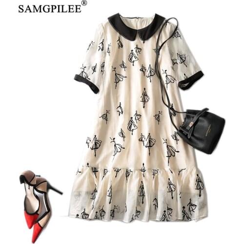 Summer Dress 2021 New Korean Style Casual A-line Print Short Sleeve Knee-length Empire Peter Pan Collar Fashion Women Dresses