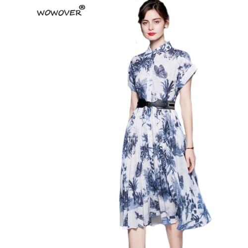 Elegant Woman Clothes 2021 New Runway Fashion Summer Short Sleeve Vintage Printing Belted Shirt Dress Midi Casual Female Vestido
