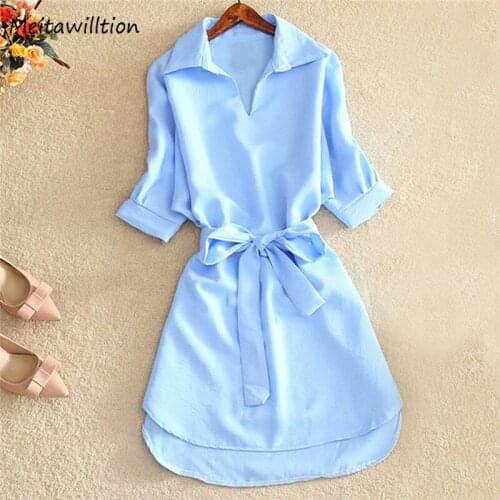Women Chiffon Shirt Dress Summer Casual Solid V-Neck Long Sleeve Dress 2020 Elegant Sashes Office Dresses Vestidos