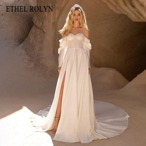 ETHEL ROLYN A-Line Wedding Dress 2021 Delicate Beaded Strapless Flowy Bride Off the Shoulder Long Sleeve Slit-Hem Bridal Gown