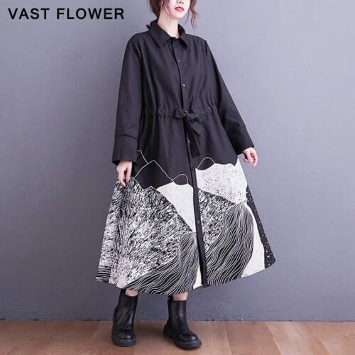 Plus Size Vintage Print Shirt Dress Women Long Sleeve Patchwork Fashion Loose Casual Elegant Dress Clothes Spring Autumn 2021