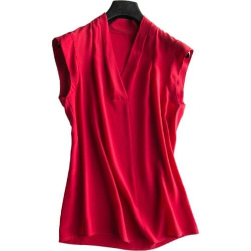 2019 Summer Brand Womens Shirt Heavy Silk T-Shirts Big Size Sleeveless Pure Silk Top Short Plus Size