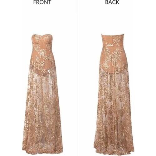 2019 New Fashion Hot Selling Sexy Rose Gold Off Shoulder Sequin Long Dress Metal Leaf Design Party Vestidos Women Maxi Dress
