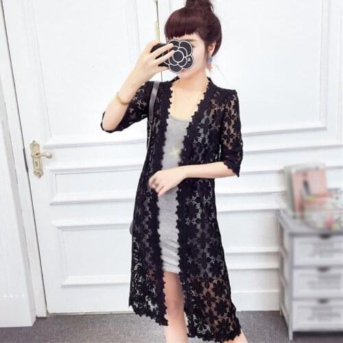 2020 Women Fashion Summer Hollow Out Lace Crochet Blouses Long Sleeve Cardigan Top Sun Protection Shirt Plus Size 2XL Cover-Ups