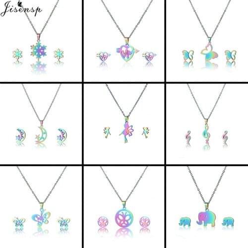 2021 New Fashion Stainless Steel Jewelry Sets for Women Rainbow Color Snowflake Pendant Necklace Butterfly Music Note Earrings