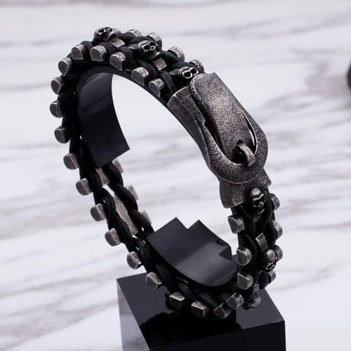 Black Leather Stainless steel Skull Belt buckle design Chain bracelet 16mm 8.8'' XMAS Gifts