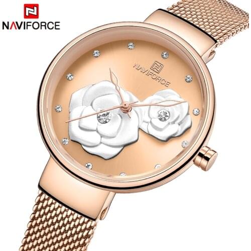 NAVIFORCE Luxury Ladies Watches Fashion Creative 3D Rose gold Women Wristwatch Mesh Steel Waterproof Clock Girl Relogio Feminino