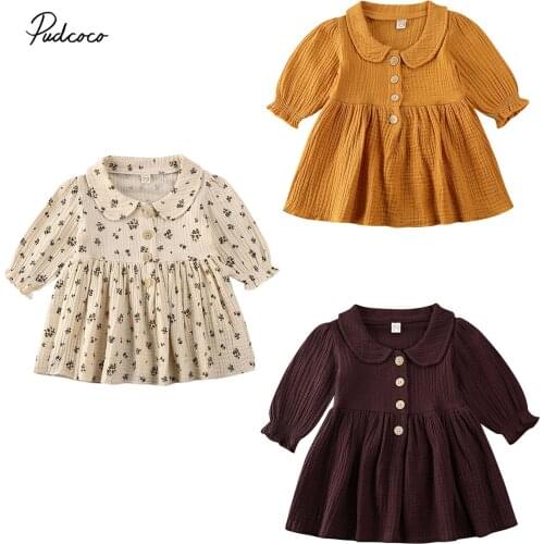 2020 Baby Spring Autumn Clothing Cute Newborn Toddler Kids Baby Girls Party Floral Long Sleeve Dress Solid Clothes 0-4T