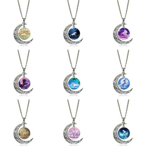 EJ Glaze For Schoolgirl Maxi Vintage Jewelry Silver Plated With Crescent Shaped Luminous Necklace Unicorn Pegasus Fly Horse