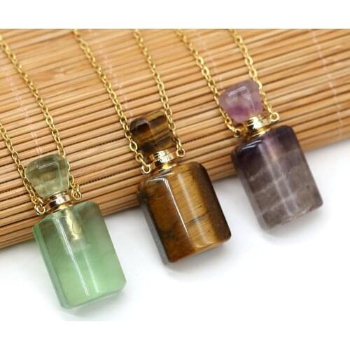 Natural Stone Perfume Bottle Pendant Necklace Fashion Rectangle Pendant Necklace for Jewelry Necklace Gift 15x35mm Length 60+5cm