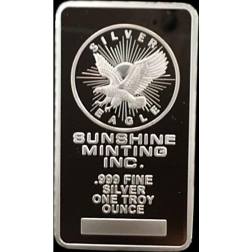 2 pcs Non magnetic Sunshine minting 1 OZ ingot Bar coins silver plated 50 mm x 28 mm souvenir coin metal decoration bar