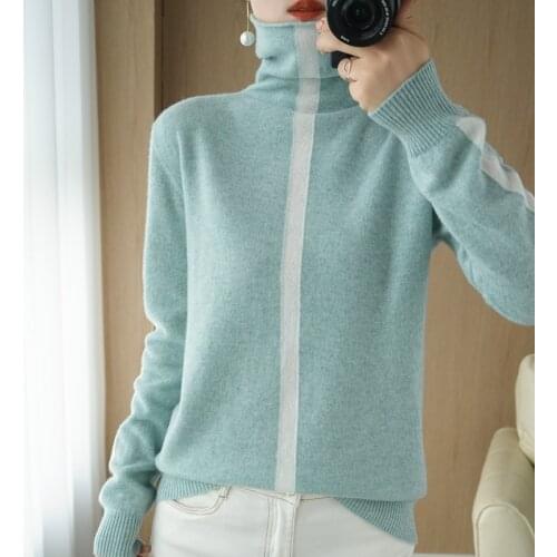 2021 winter new womens pullover 100% pure wool sweater casual stitching high-neck cashmere sweater plus size ladies top