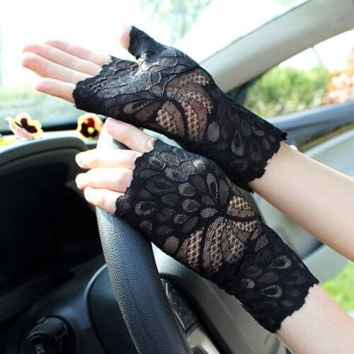 Fashion Sexy Summer Female Half Finger Sunscreen Short Lace Mittens Women Driving Rose Flower Pattern Fingerless Sun Gloves