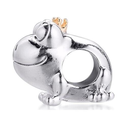 Fits for Pandora Charms Bracelets Two-tone Frog Prince Beads with 14K real golden 100% 925 Sterling-Silver-Jewelry Free Shipping