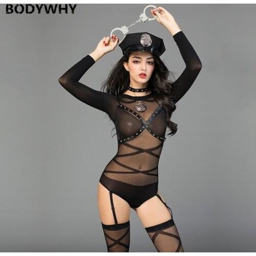 Perspective Sexy Jumpsuit Police Acting Role-playing Seductive Uniform Black New Sexy Lingerie Novelty Style High Quality