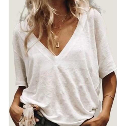 S-5XL Summer Solid T Shirt Ladies Sexy V Neck Short Sleeve Tshirt Casual Loose Basic Black White T-Shirt Tee Tops for Women