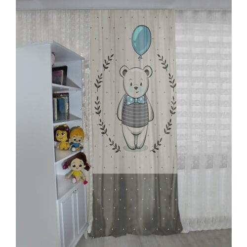 Gri çocuk odası perdesi balon,ayı,ağaç çocuk perdesi
