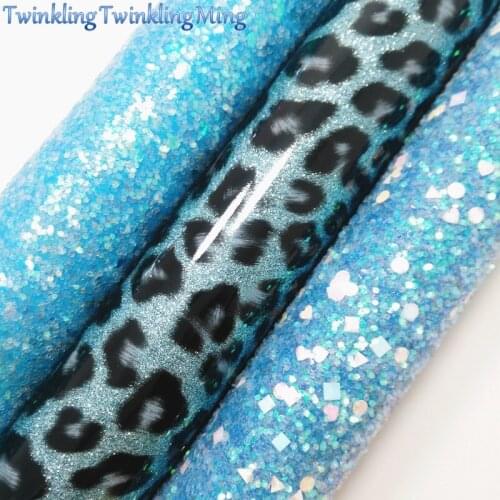 Blue Leopard Glitter Fabirc, Faux Leather Fabric,Synthetic Leather Fabric Sheets For Bow A4 8"x11"Twinkling Ming XM393