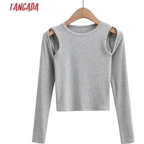 Tangada 2021 Women Cut-out Crop T Shirt Long Sleeve O Neck Tees Ladies Shirt Street Wear Top 4P64