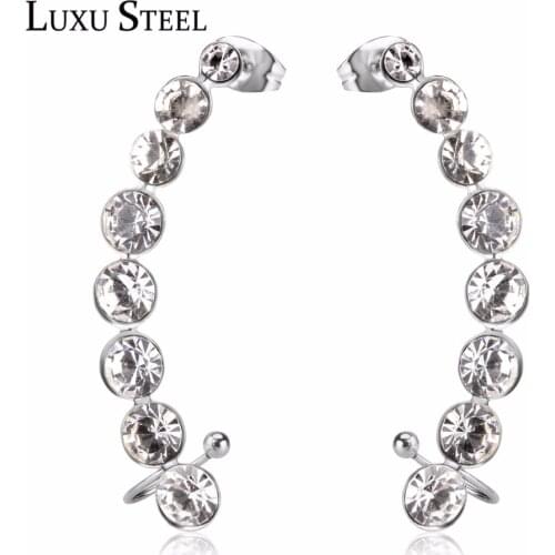 LUXUSTEEL Silver Color Clip Earrings 2020 Female Brinco Stainless Steel Round Cubic Zirconia Long Earrings Wedding Jewelry