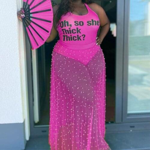 Maxi Dresses for Women Summer 2021 Sexy Two Piece Set Women Sleeveless Bodycon Bodysuit Transparent Mesh Skirt Set Plus Sets