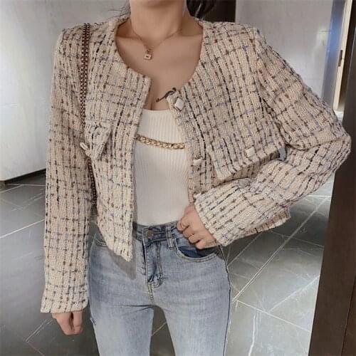 Womens Woven Tweed Short Coat Fall Fashion New Elegance O-neck Exquisite Single Row Button Female Cropped Jackets OL Style 2020