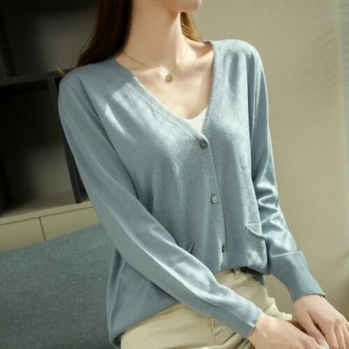 LONGMING Women V-neck Sweater Spring Sweater Knitted Cardigan Women Cashmere Cardigan Women Sweater 100% Merino Wool 2021