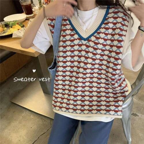 Casual Loose Sweater Vest Women 2021 Korean Style Vintage Geommetric V Neck Sleeveless Pullover Knitted Tank Tops Waistcoat T677