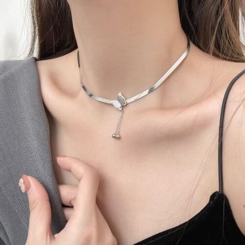 BOCAI Real S925 Silver Jewelry Woman Necklace Flat Snake Bone Chain 2021 Trend Simple Tassel Butterfly Clavicle Chain