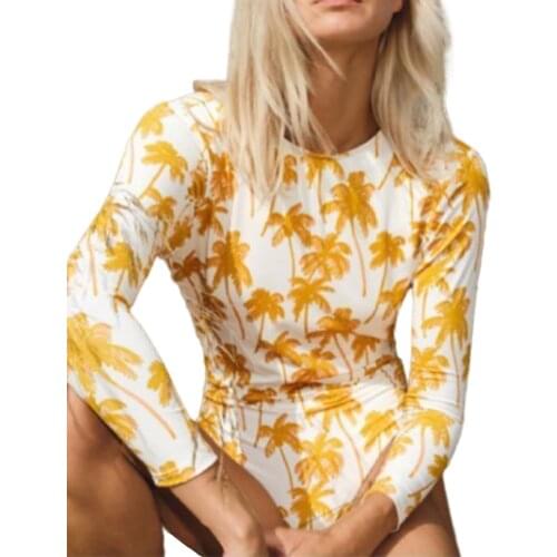 Women Sexy Backless Bikini Personality Plant Printing Round Neck Tight Swimsuit White Orange European And American