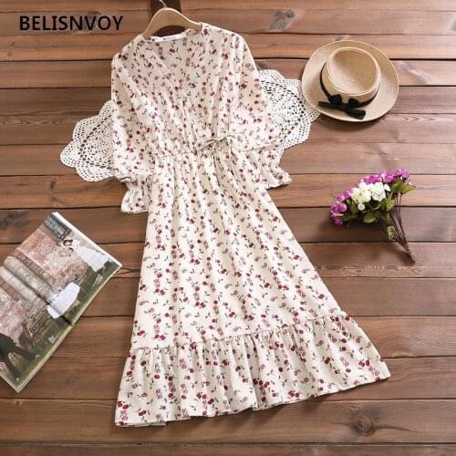 Spring 2021 Women Fashion Women Dress Cherry Printing Chic Gorgeous Flare Sleeve Chiffon Dress Elegant V-neck Female Dress