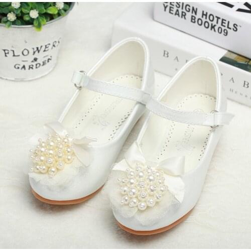 2017 Wedding Flower Girls Shoes High-Heeled Princess Pearl Beading Leather Shoes Children Cute Dance Performance Single Shoes
