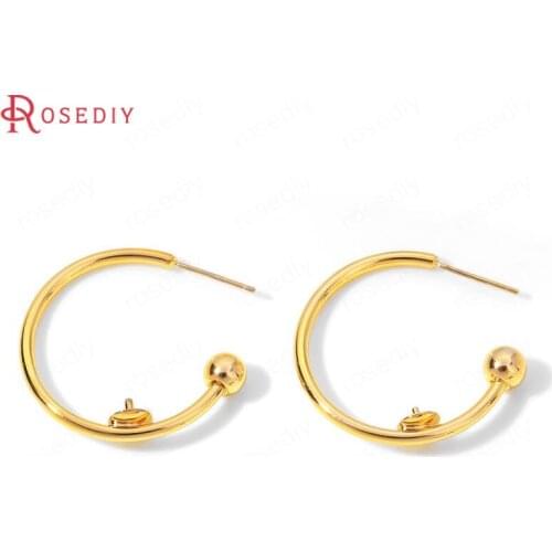 35931)6PCS 30x29MM 24K Gold Color Brass with Half Pin Round Earrings Loop Stud Earrings High Quality Diy Jewelry Accessories