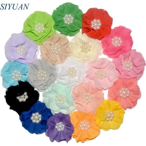 60pcs/lot 3'' Fabric Chiffon Flower with Pearl Girl Lovely Hair Clip Headwear Accessories 30 Color Available TH254