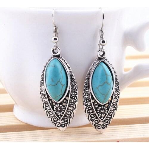 Charms Fashion Restoring Antique Ethnic Customs Plated Silver Oval Drop Shaped Long Dangle Earrings Jewelry Free Shipping