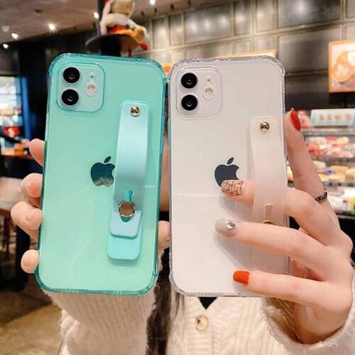 Wrist Strap Band Phone Case For iPhone 12 11 Pro Max XS Max XR 7 8 Plus SE 2020 12 Mini Transparent Candy Color Soft TPU Cover