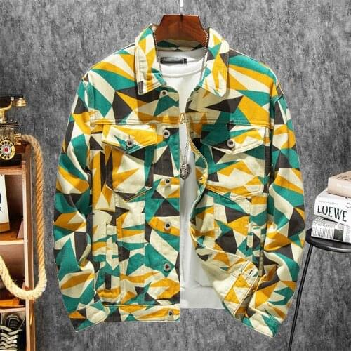 Denim Jackets Men 2021 Spring Autumn Print Casual Coats Loose Cowboy Tops Man Clothing Turn-down collar Outerwear