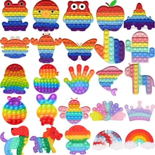 Rainbow Animal Dinosaur Kid Game Stress Relief Squeeze Fidget Hand Toys for Children Funny Mini Push Bubble Fidget Relax Toy