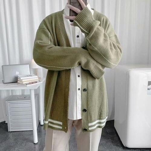 New Mens Cardigan Spring And Autumn Warm Loose Casual Korean V-Neck Single-Breasted Knit Harajuku Jacket Sweater M-2XL