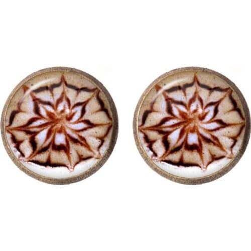 Coffee Latte Chocolate Printing Mandala Art Stud Earrings Carving Flower Clover Cat Charm Glass Cabochon Earrings For Women